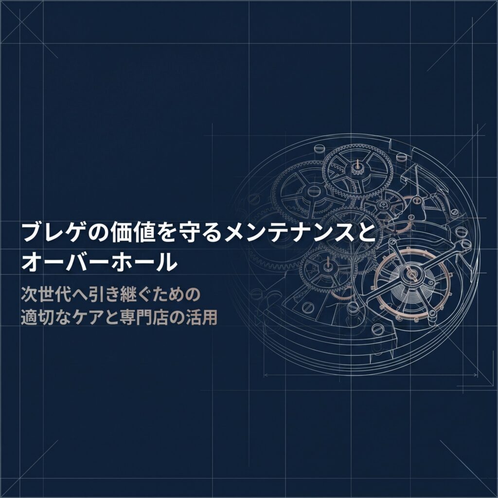 ブレゲの時計内部の図面を背景に「ブレゲの価値を守るメンテナンスとオーバーホール 次世代へ引き継ぐための適切なケアと専門店の活用」と書かれたタイトル画像。