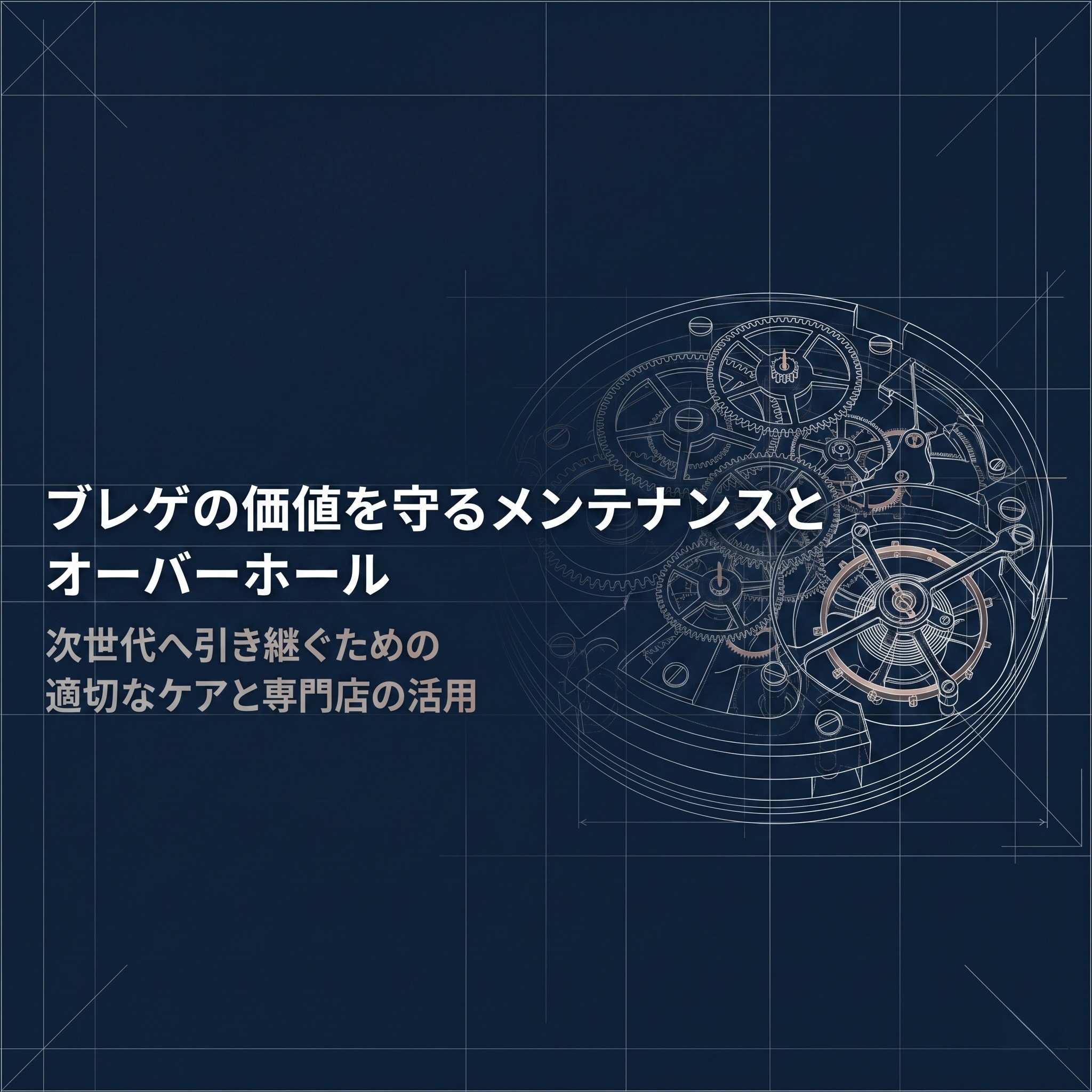 ブレゲの時計内部の図面を背景に「ブレゲの価値を守るメンテナンスとオーバーホール 次世代へ引き継ぐための適切なケアと専門店の活用」と書かれたタイトル画像。