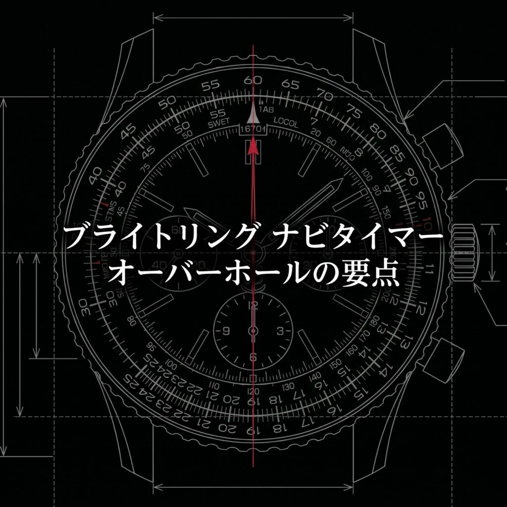 ナビタイマーの図解を背景にした、ブライトリング・ナビタイマー・オーバーホールの要点についてのタイトルスライド 。