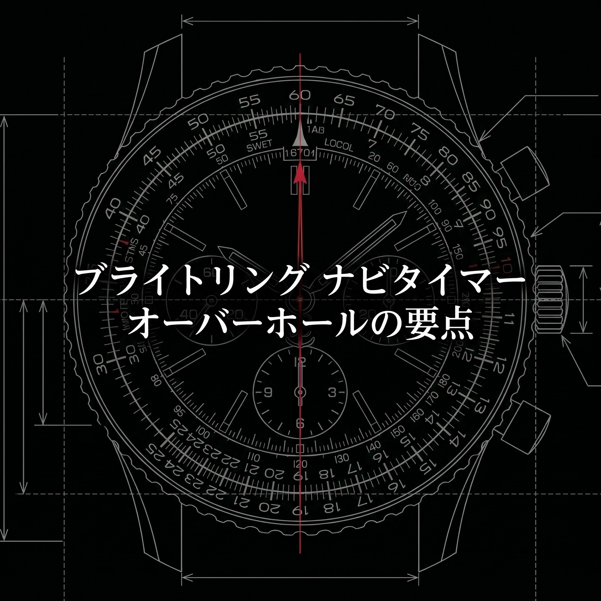 ナビタイマーの図解を背景にした、ブライトリング・ナビタイマー・オーバーホールの要点についてのタイトルスライド 。