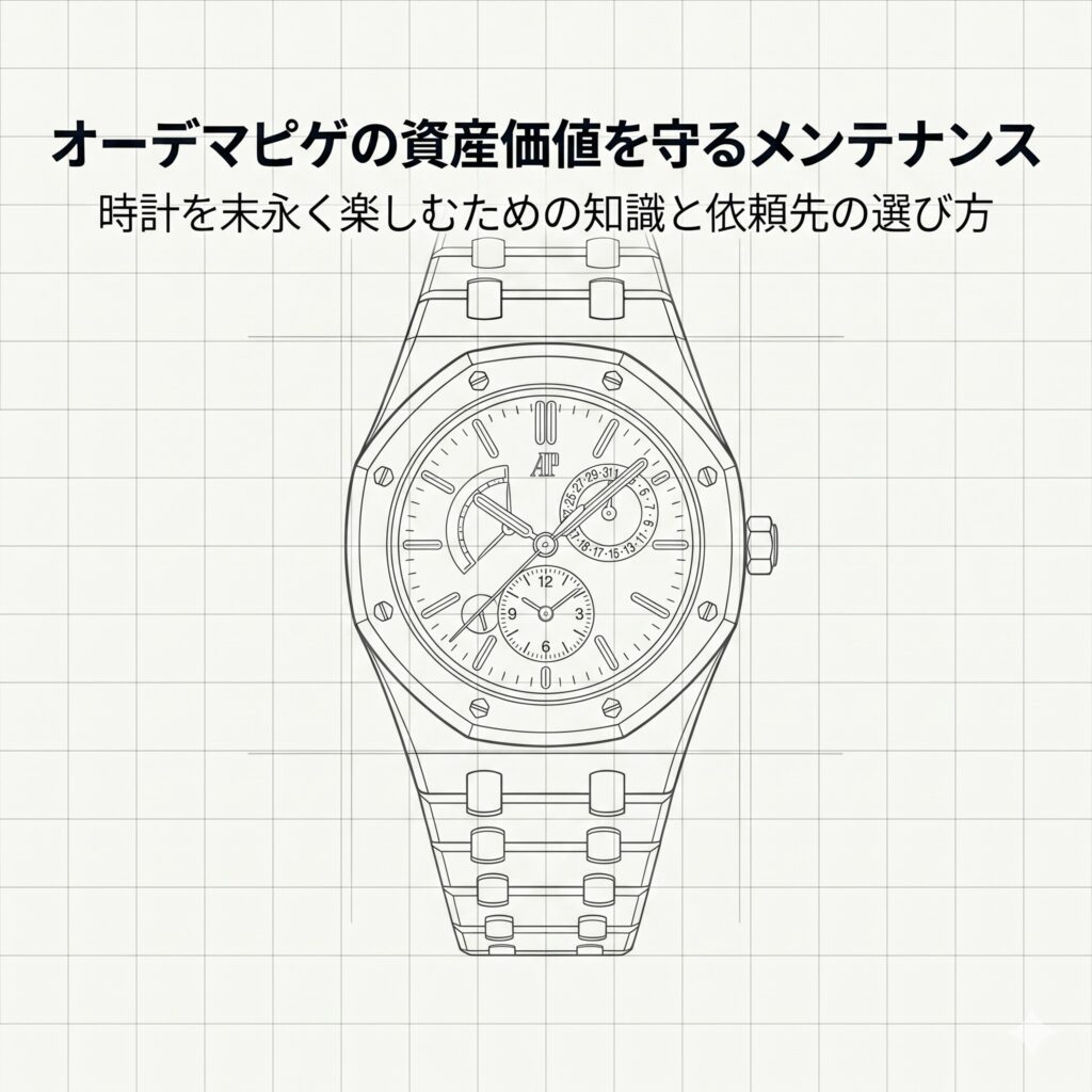 オーデマピゲ・ロイヤルオークのイラストと「資産価値を守るメンテナンス」のタイトル文字