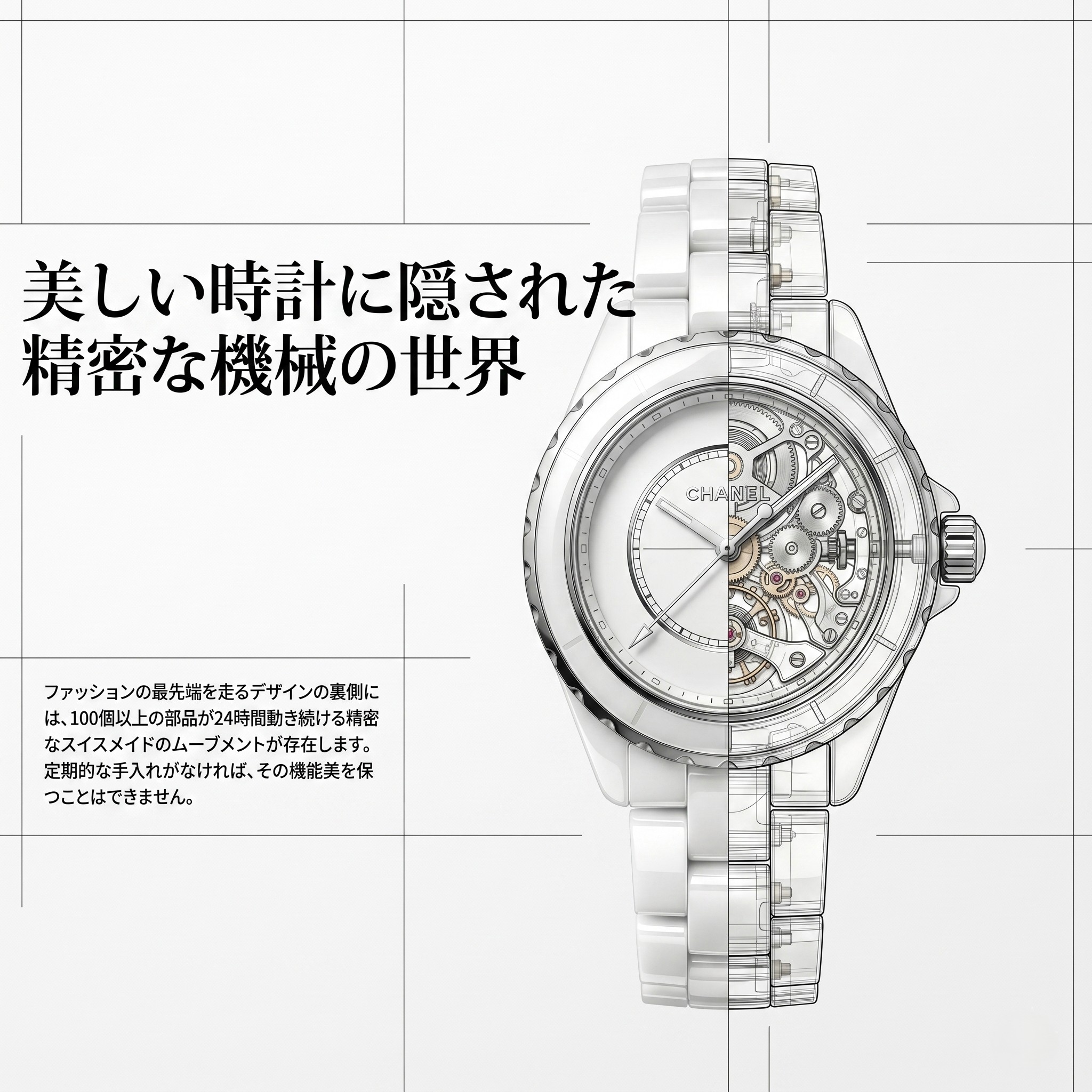 シャネルの時計の美しさと、内部で24時間動き続ける100個以上の精密部品（スイスメイドのムーブメント）を象徴するイメージ画像。