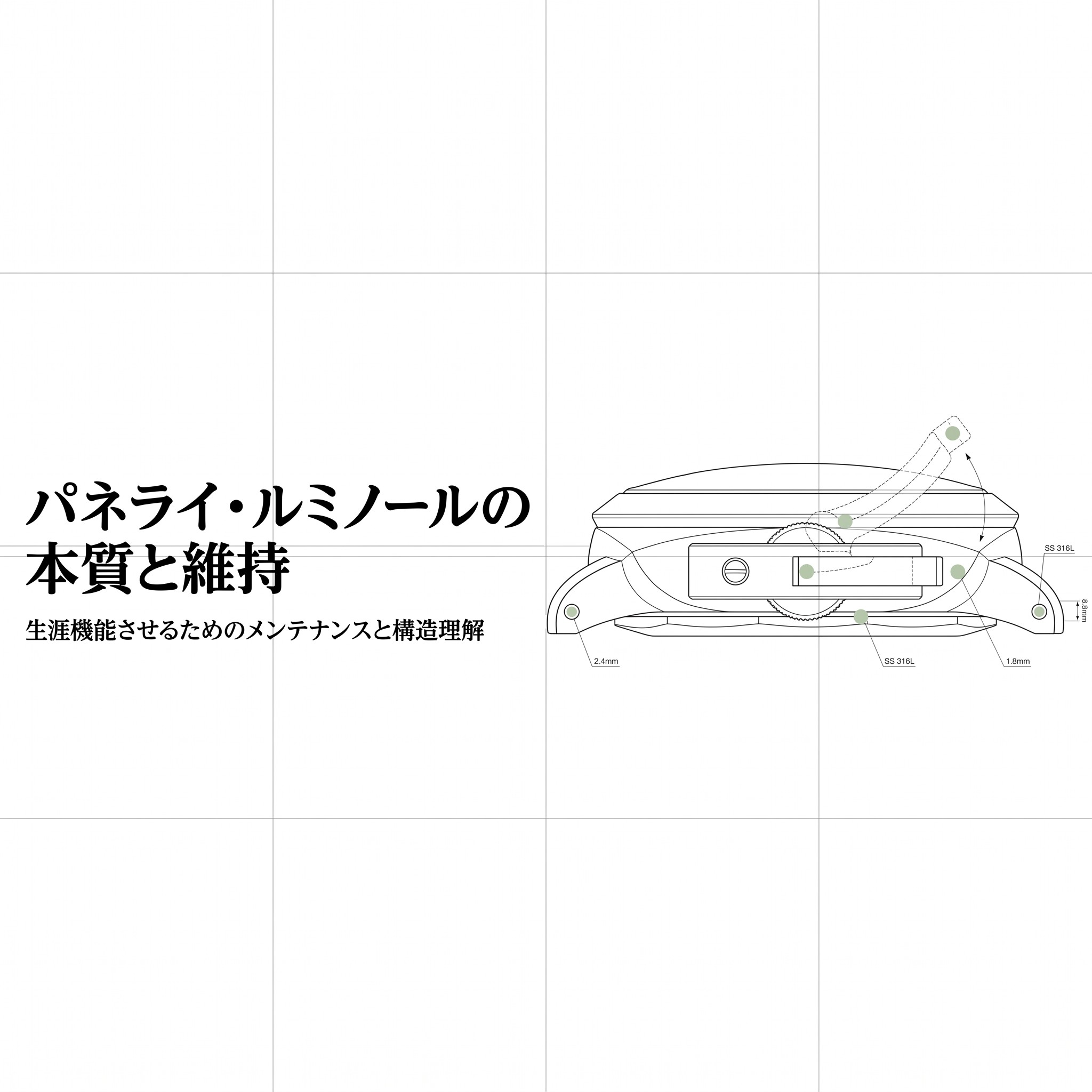 ネライ・ルミノールのクッションケースと特許取得のリューズガードの設計図。316Lステンレススチールや各部の寸法（2.4mm、1.8mm）が記載されている 。