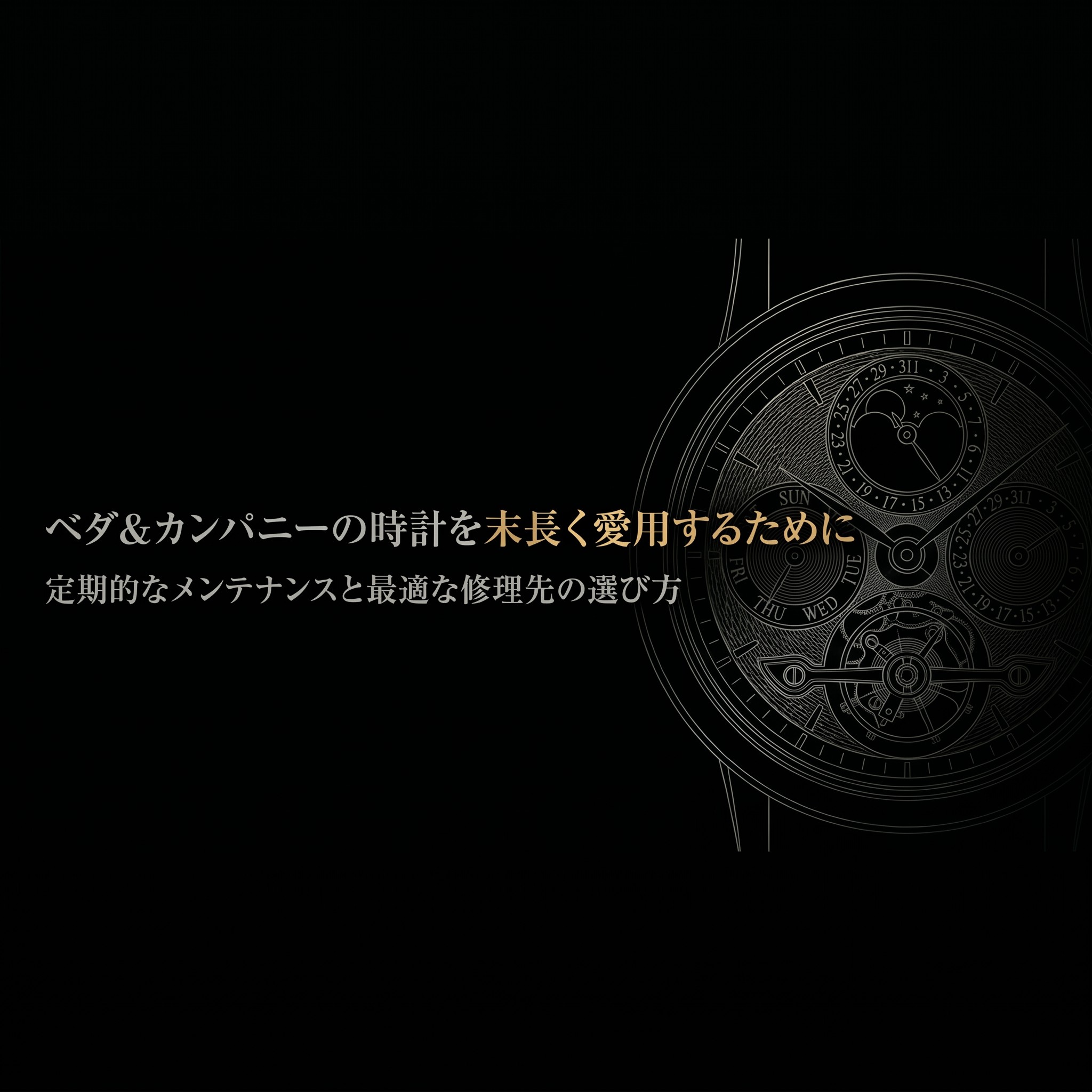 ベダ&カンパニーの時計文字盤を背景に、「ベダ&カンパニーの時計を末長く愛用するために 定期的なメンテナンスと最適な修理先の選び方」と書かれたスライドの表紙画像。
