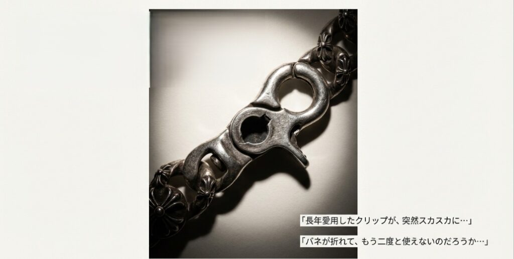 クリップがスカスカになったりバネが折れたりしたクロムハーツの画像。「その輝きが突然失われた日」というキャッチコピーと、ユーザーの不安を表現したスライド。