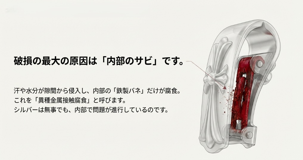 シルバー内部にある鉄製バネが、水分や汗によって錆びて折れる「異種金属接触腐食」のメカニズムを解説した図。