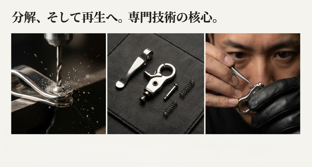 バネ交換には「カシメ（リベット）」の破壊と再構築が不可欠であり、国家資格を持つ技能士だからこそ可能な精密作業であることを解説したスライド。