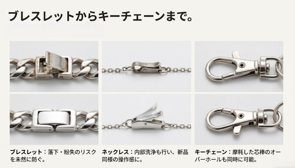 キーチェーンの修理事例。バネ折れだけでなく、レバーの横ブレ（ガタつき）に対するオーバーホール修理についても触れている。