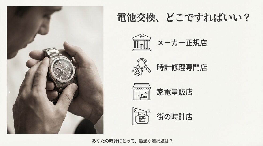 腕時計を見つめる男性のイメージ画像。「電池交換、どこですればいい？」という問いかけと共に、メーカー正規店、時計修理専門店、家電量販店、街の時計店という4つの選択肢が表示されている。