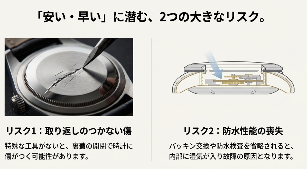 「安い・早い」に潜むリスクの解説図。特殊工具がないことによる裏蓋への傷や、パッキン交換省略による防水性能の喪失と内部湿気の侵入リスクを図解している。