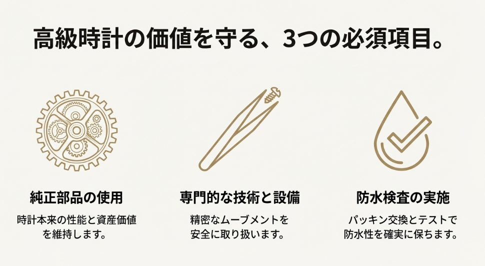 高級時計の価値を守るための3つの必須項目を示すイラスト。純正部品の使用、専門的な技術と設備、防水検査の実施について、それぞれの重要性がアイコンと共に解説されている。