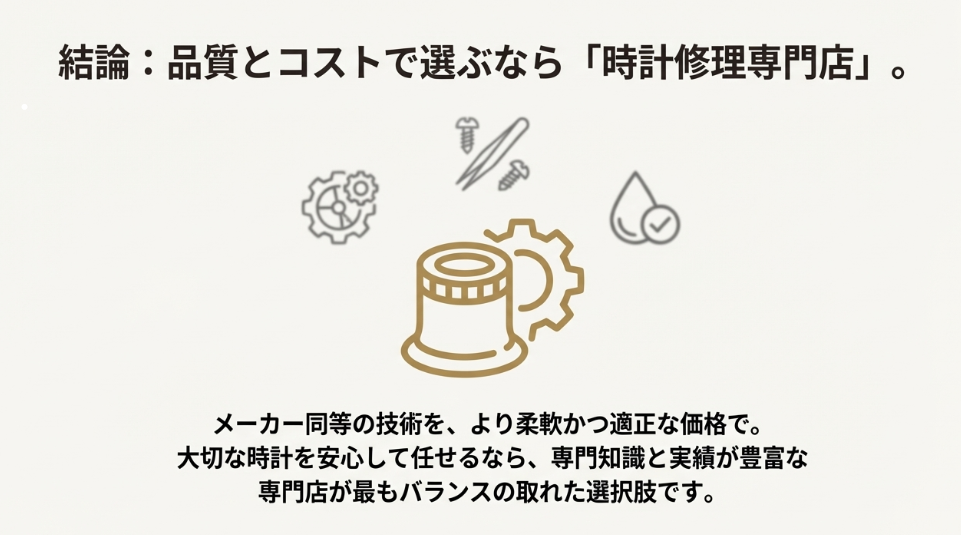 結論として、品質とコストのバランスで選ぶなら「時計修理専門店」を推奨するスライド。メーカー同等の技術を適正価格で提供できる点がメリットとして挙げられている。