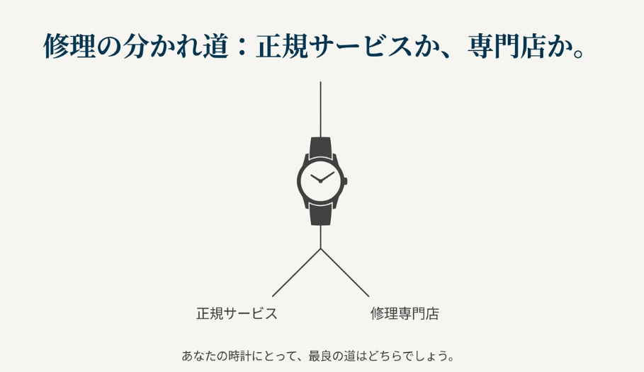 腕時計のイラストから「正規サービス」と「修理専門店」の2つの道に分かれている図。「修理の分かれ道：あなたの時計にとって、最良の道はどちらでしょう」という問いかけ。