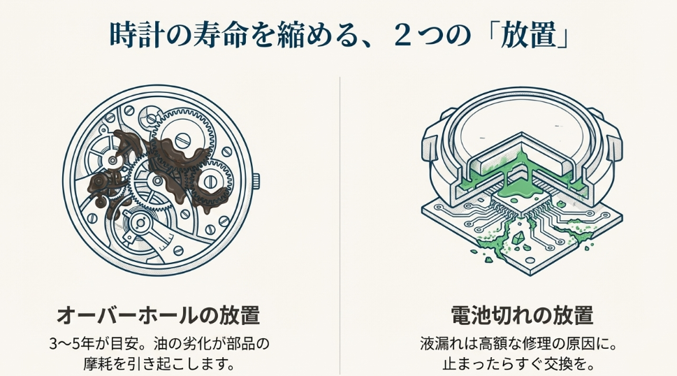 時計の寿命を縮める2つの「放置」についての解説図。オーバーホールの放置による油の劣化と、電池切れ放置による液漏れのリスクをイラストで警告している。