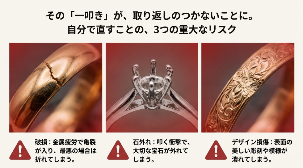 自分で修理しようとして亀裂が入った指輪や、石が外れそうな指輪の警告画像。破損、石外れ、デザイン損傷という3つのリスクを説明している。