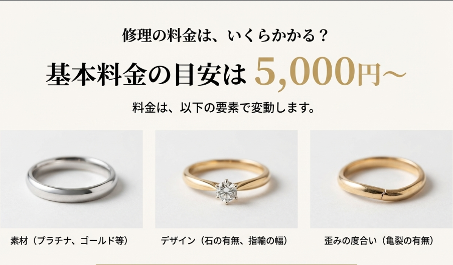 修理の基本料金目安（5,000円〜）と、素材やデザイン、歪み度合いによって料金が変動することを説明したスライド。