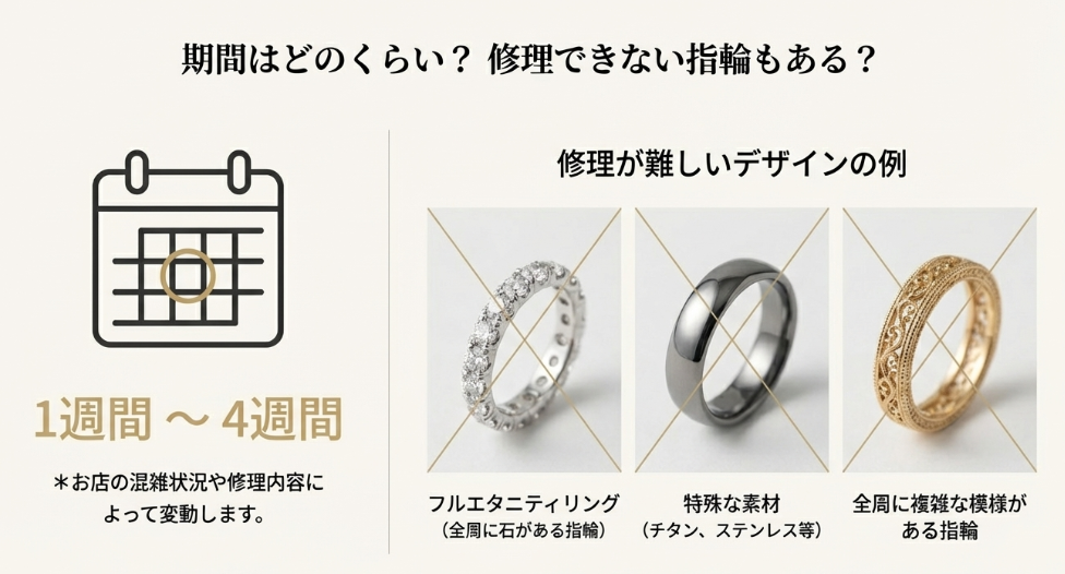 フルエタニティリングや特殊素材など、修理が難しいデザインの例と、修理期間の目安（1週間〜4週間）をまとめたスライド。