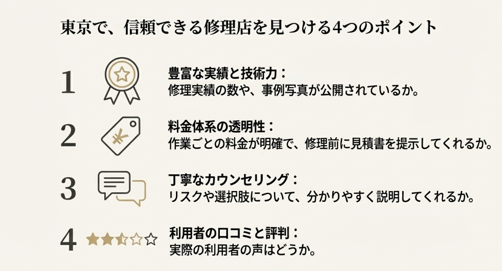 東京で修理店を選ぶ際の4つのポイント（実績と技術力、料金の透明性、丁寧なカウンセリング、口コミと評判）をまとめたスライド。