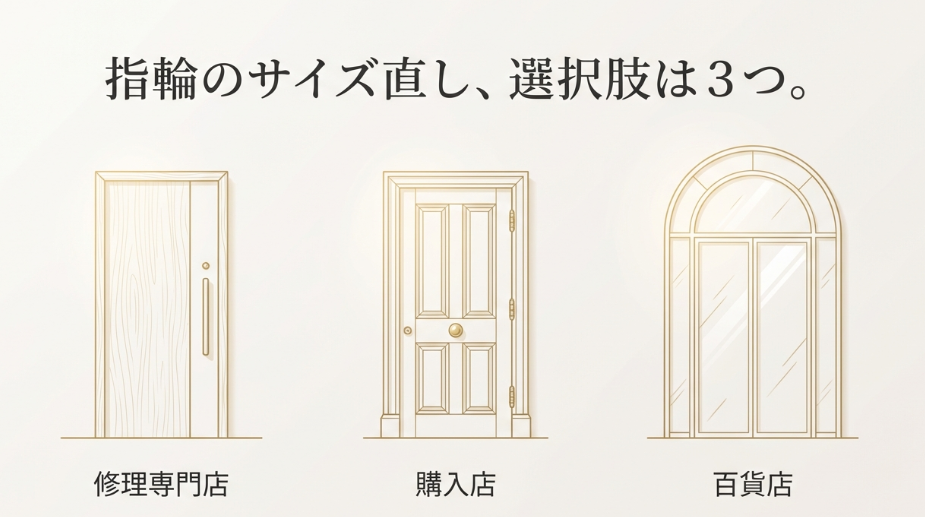 修理専門店、購入店、百貨店という3つの選択肢を、それぞれ異なる扉のイラストで表現したスライド。