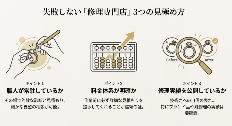 1.職人が常駐しているか、2.料金体系が明確か、3.修理実績を公開しているか、という失敗しないお店選びの3つの基準をアイコン付きで解説したスライド。