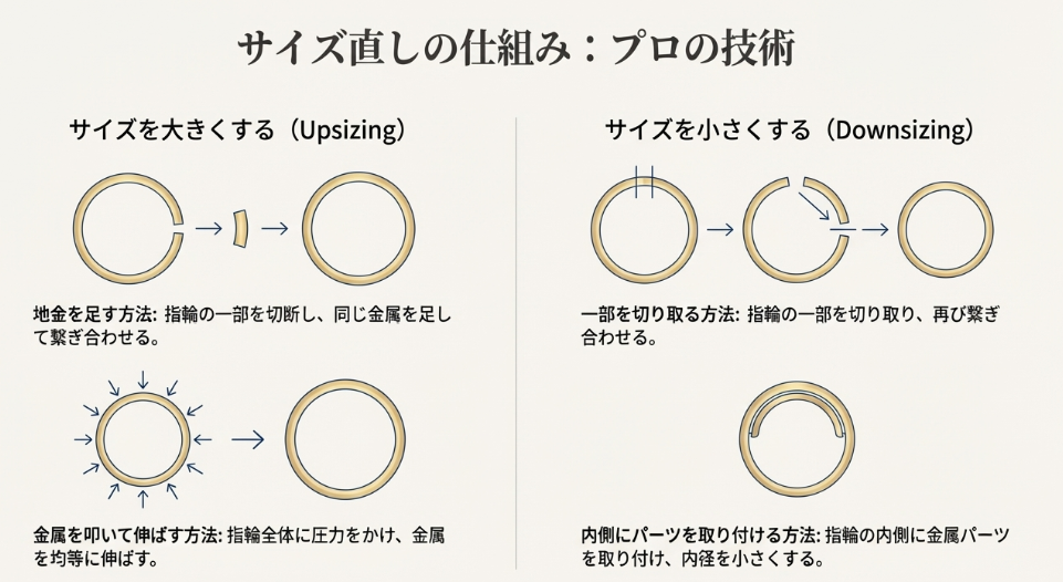 指輪のサイズを大きくする方法(地金足し、叩き出し)と、小さくする方法(切断、内側パーツ追加)の仕組みを分かりやすく解説したイラスト図。