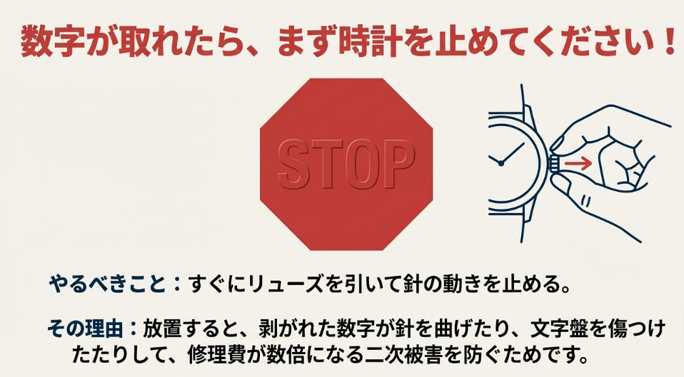 「STOP」の標識と、リューズを引いて針を止めるイラスト。数字が取れた際の二次被害を防ぐための緊急対応を視覚的に訴えるスライド。