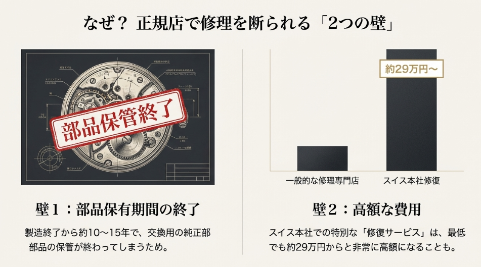 「部品保管終了」と「高額な費用」という、正規店での修理を阻む2つの壁を解説した図。