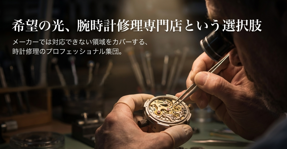 メーカーでは対応できない領域をカバーする「時計修理のプロフェッショナル集団」としての専門店を紹介するスライド。