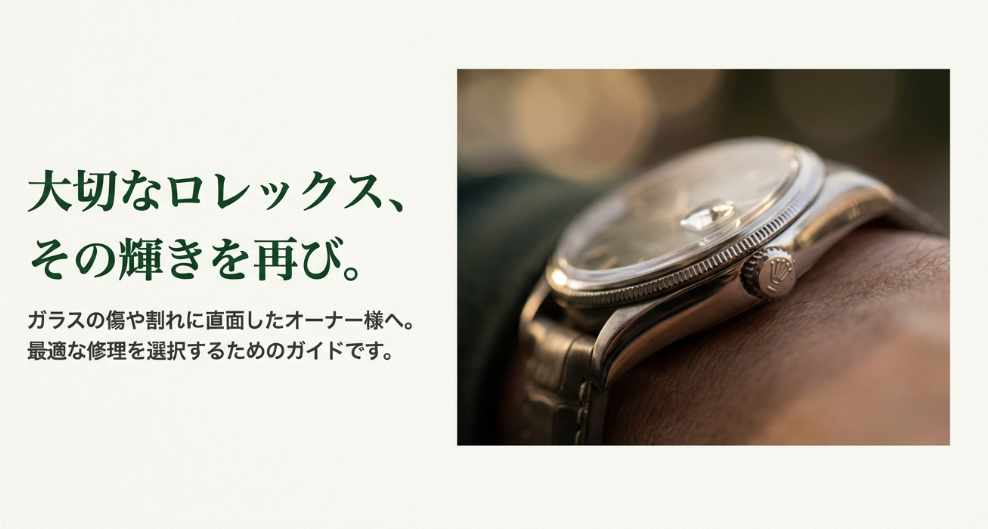 ロレックスのガラス修理ガイド表紙。「大切なロレックス、その輝きを再び」というキャッチコピーと、ガラス修理を検討しているオーナーへのメッセージ。