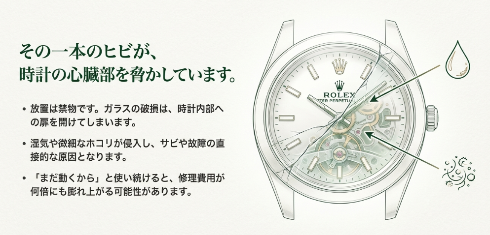 ガラスに入ったヒビが時計の心臓部を脅かしているイメージ図。放置すると湿気やホコリが侵入し、サビや故障の原因になることを警告している。