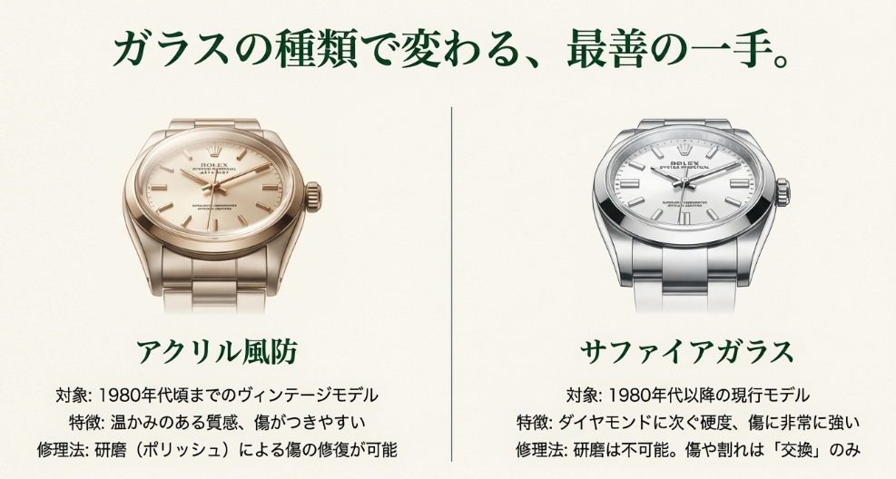 アクリル風防（ヴィンテージ）とサファイアガラス（現行）の特徴比較。アクリルは研磨可能だが傷つきやすく、サファイアは硬いが割れると交換が必要であることを解説。