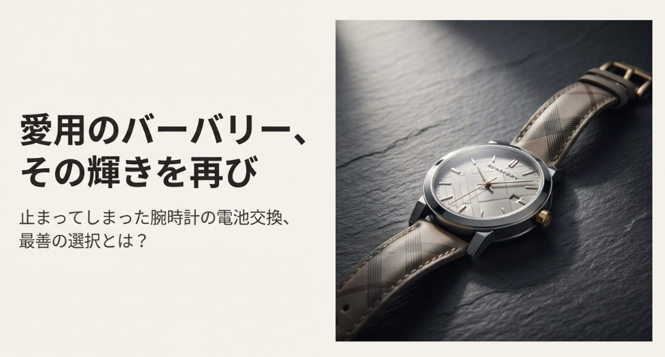 バーバリーの腕時計の写真。「愛用のバーバリー、その輝きを再び」というキャッチコピーと、電池交換の最善の選択を問うタイトルスライド。