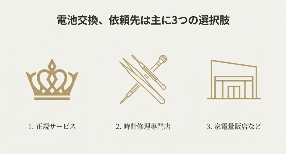 正規サービス、時計修理専門店、家電量販店など、電池交換の主な3つの依頼先を示すアイコン付きスライド。