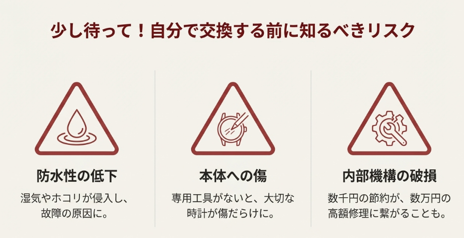 防水性の低下、本体への傷、内部機構の破損という、自分で電池交換を行う際の3つのリスクを警告するイラスト。