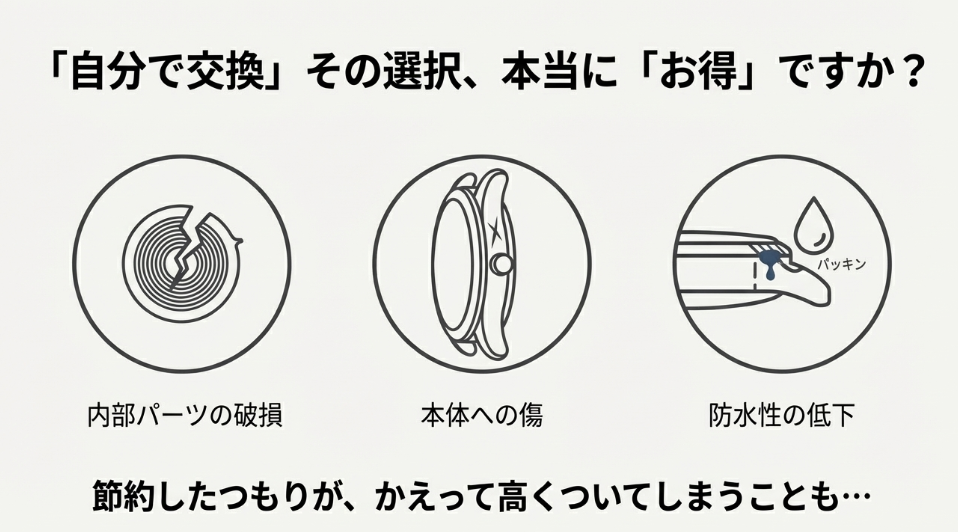 パッキン劣化、内部パーツ破損、本体への傷、防水性低下など、自己流での電池交換に伴うリスクを図解したスライド。