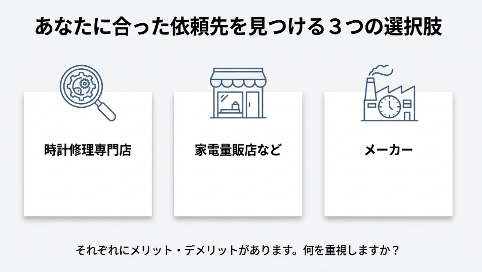 時計修理専門店、家電量販店、メーカーという3つの主な依頼先をアイコンで示したスライド。
