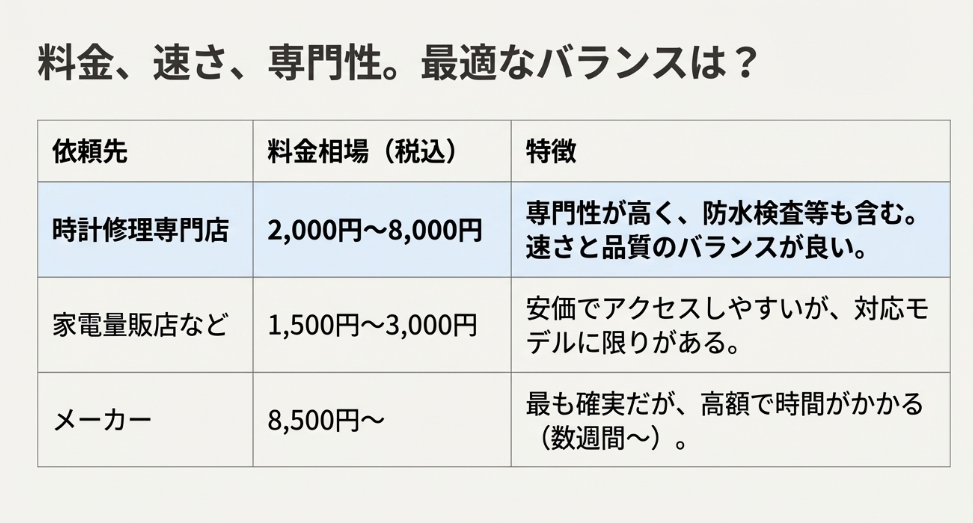専門店（2,000円〜）、量販店（1,500円〜）、メーカー（8,500円〜）の料金相場と特徴を比較した一覧表。