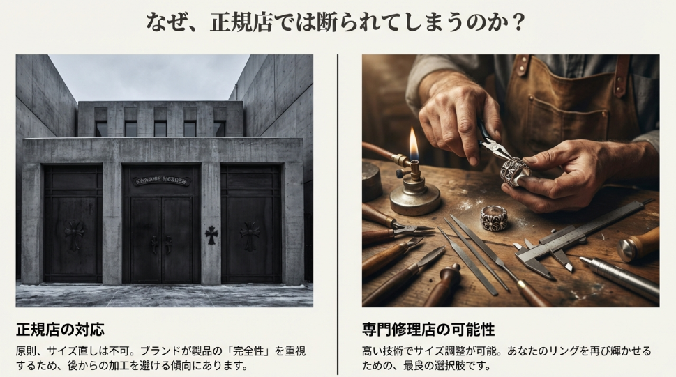 正規店では原則不可だが、修理専門店なら高い技術で対応可能であることを比較・解説したスライド。