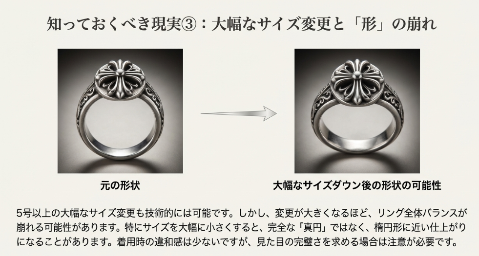 5号以上の大幅なサイズ変更を行った場合、リングのバランスや真円度がどう変化する可能性があるかを解説したスライド。