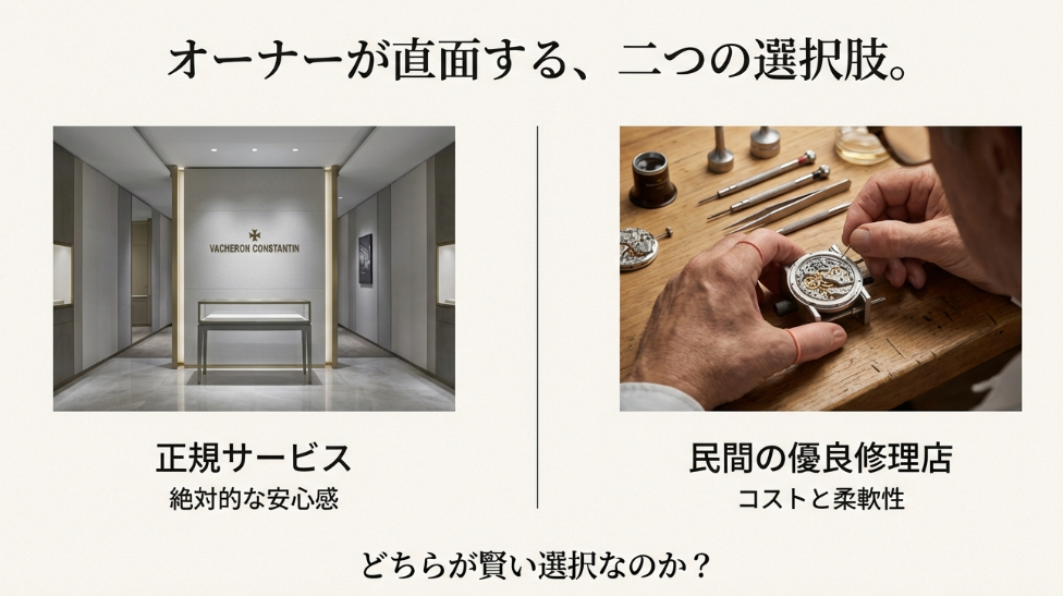 オーナーが直面する2つの選択肢として、正規サービスの「絶対的な安心感」と民間修理店の「コストと柔軟性」を比較した図。