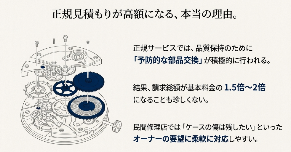 正規サービスの見積もりが高額になる理由として、品質保持のための「予防的な部品交換」が行われることを解説したスライド。