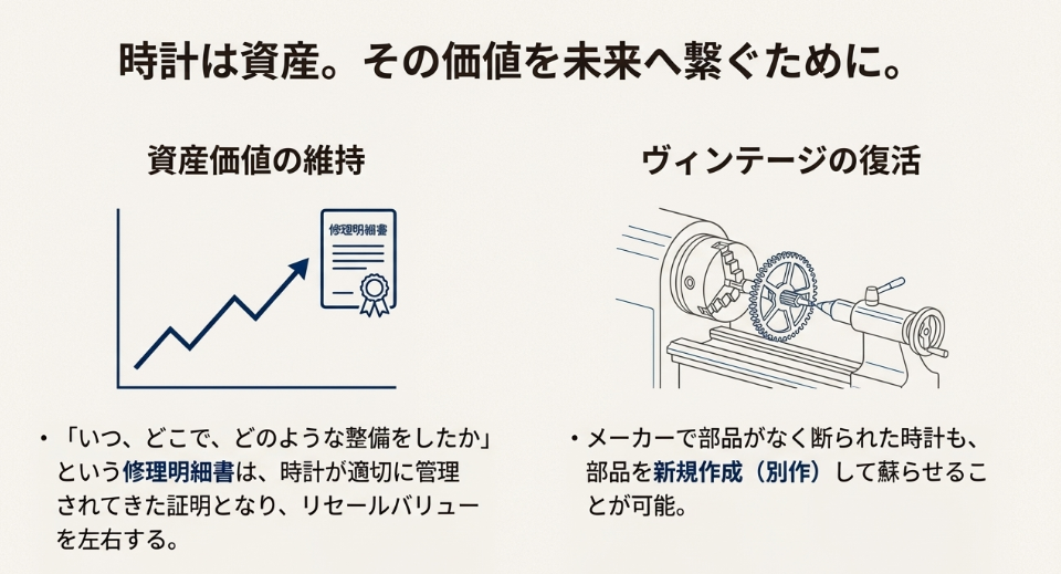 時計の資産価値を維持するための修理明細書の重要性と、部品作成によるヴィンテージ時計の復活について。