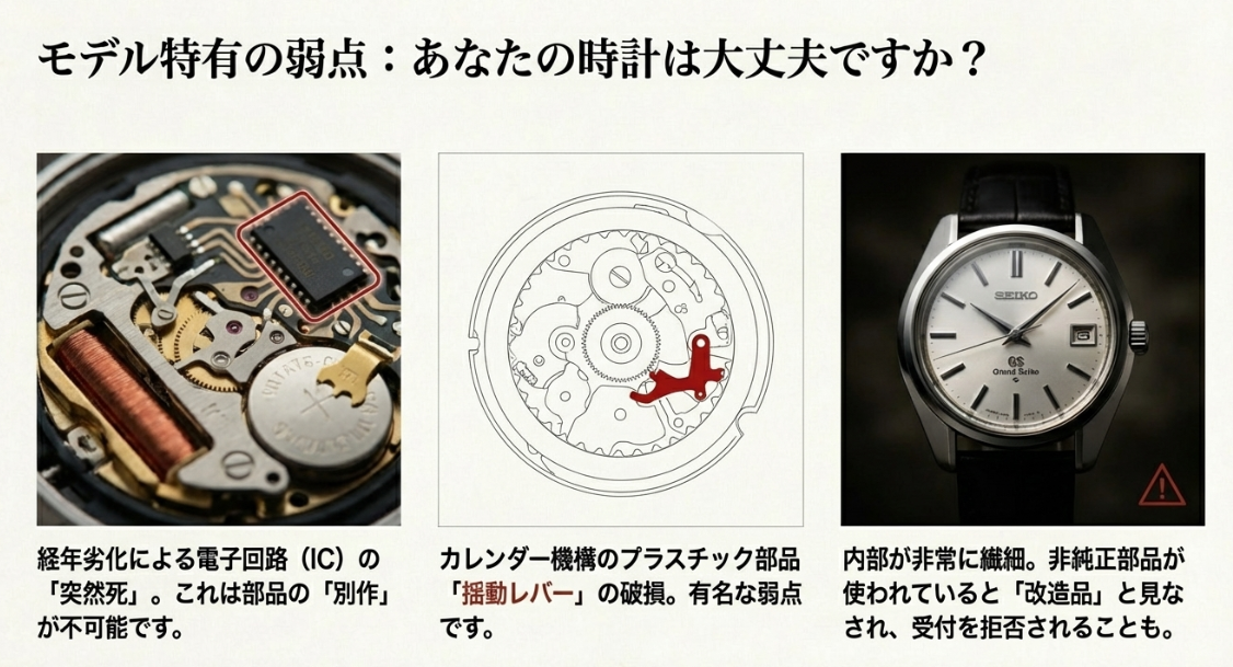 ヴィンテージセイコーのモデル別弱点。クォーツのIC突然死、グランドセイコーの繊細さ、キングセイコーのカレンダー揺動レバー破損についての解説。