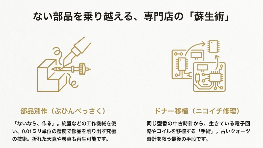 時計修理専門店の蘇生術。旋盤による「部品別作」と、中古部品を利用する「ドナー移植」のイラスト解説。