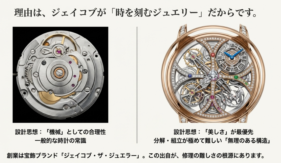 ジェイコブの内部構造。機械としての合理性よりも、ジュエリーとしての美しさを最優先した設計思想についての解説。