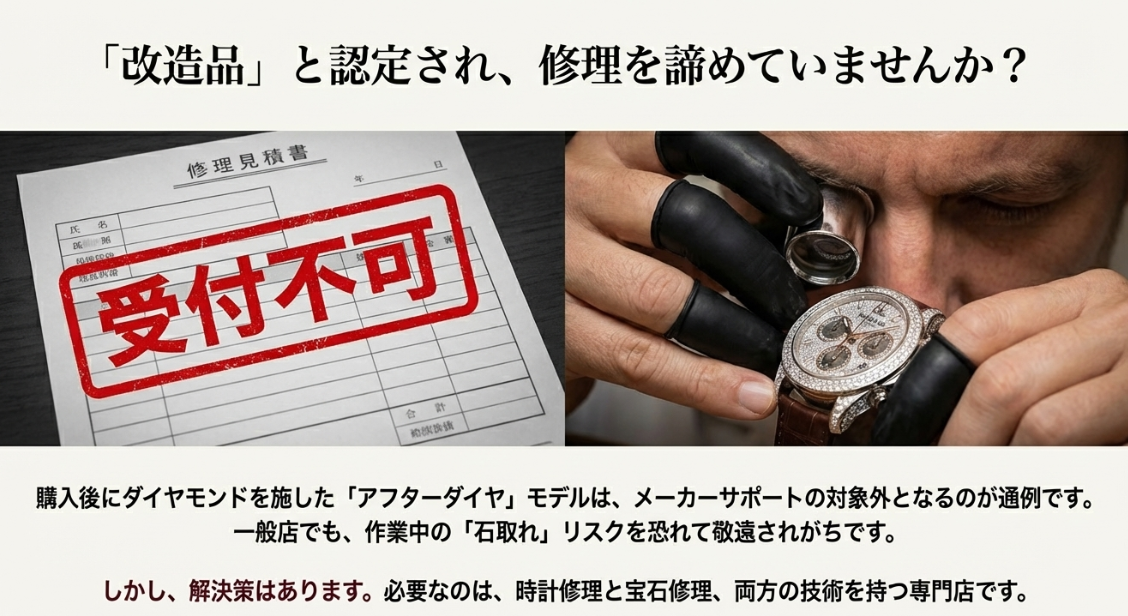 「受付不可」のスタンプが押された修理見積書。アフターダイヤ(改造品)がメーカーサポート対象外となる現状と解決策。