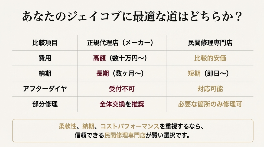 ジェイコブ修理における正規代理店と民間修理専門店の比較。費用、納期、アフターダイヤ対応の違いを示した表。