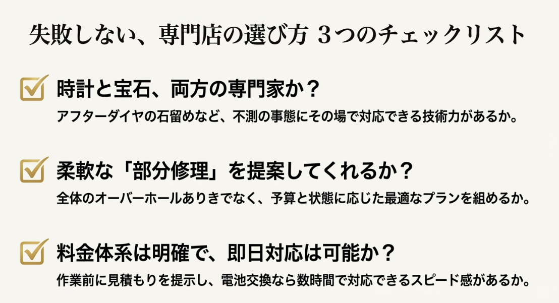 修理店選びの3つのチェックポイント。時計と宝石両方の知識、柔軟な部分修理の提案、明確な料金体系と即日対応について。