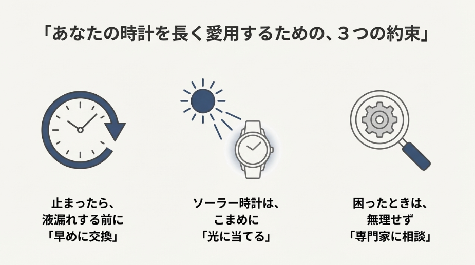 早めの電池交換、こまめなソーラー充電、困った時の専門家への相談を示す3つのアイコン