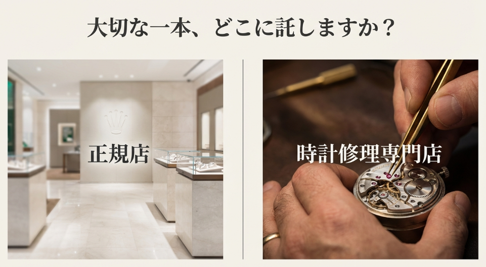 高級感ある正規店の内観写真。「正規店」と「時計修理専門店」という2つの選択肢を示すスライド。